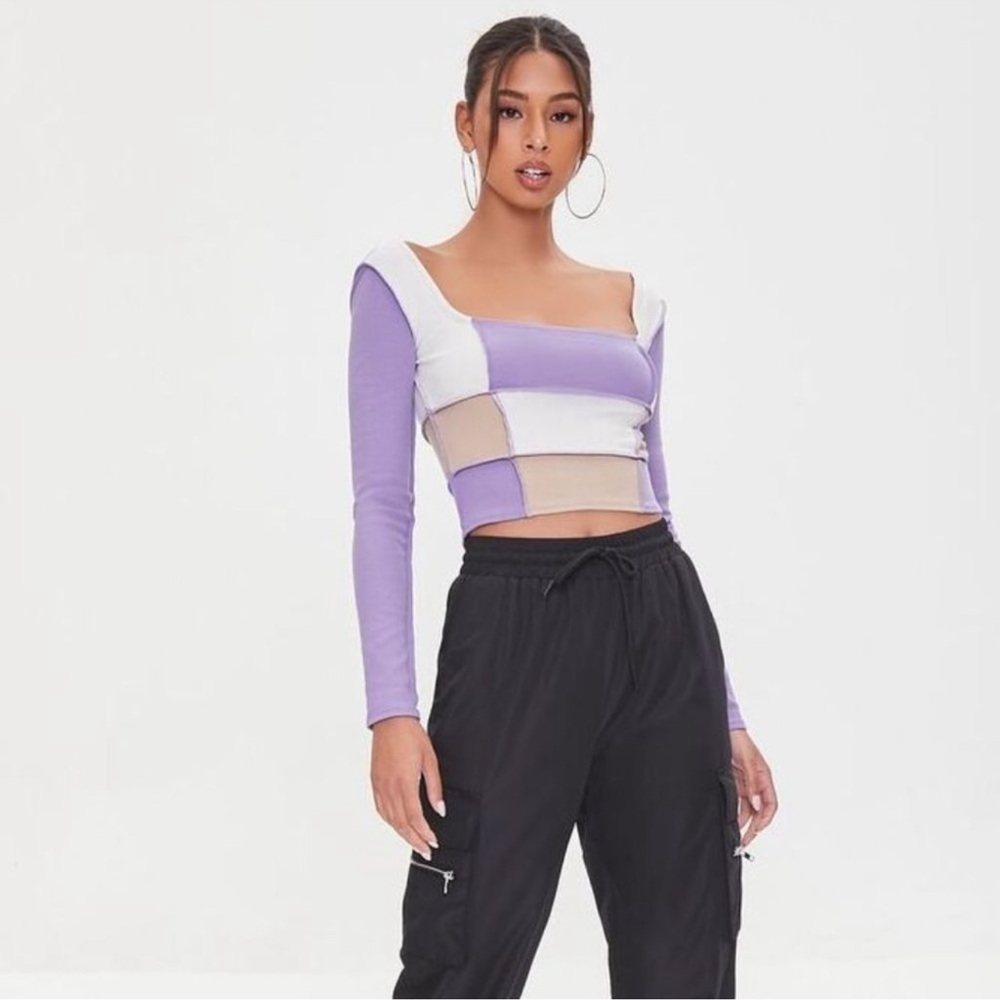 NWT Forever 21 Ribbed Colorblock Long Sleeve Crop Top Small 90s Y2K Square neck